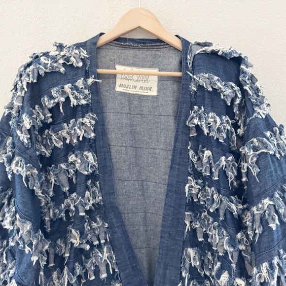 Vintage 80s Paula Sweet Muslin Mink Fringe Denim Jacket Large Blue USA Lagenlook - Picture 6 of 12